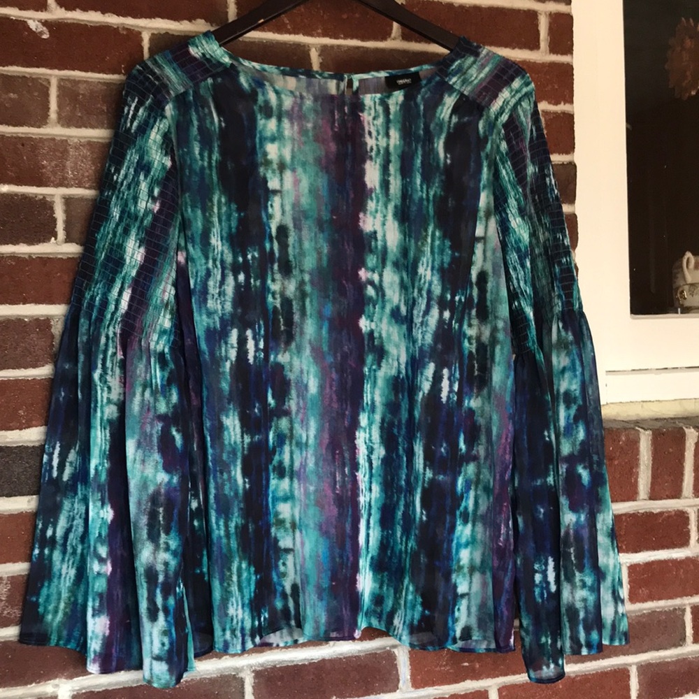Jewel tone, watercolor look sheer top.